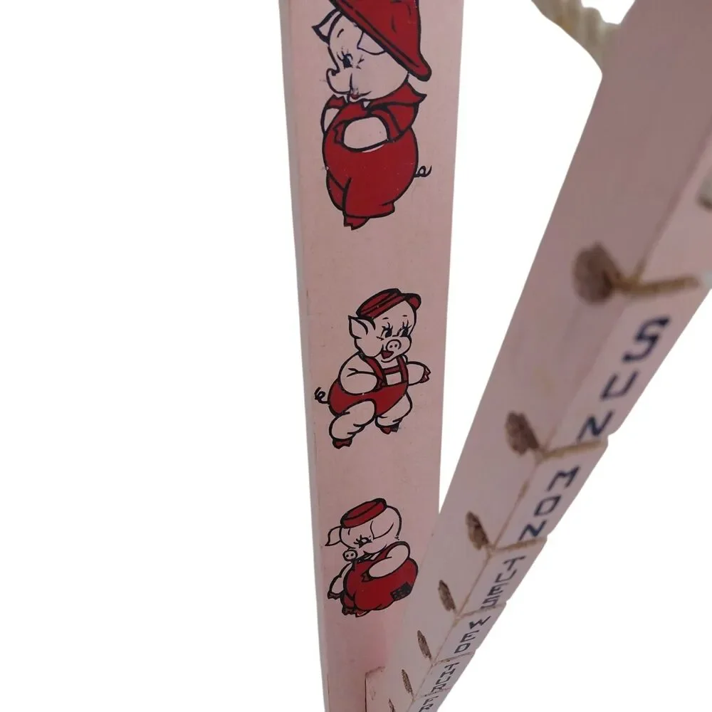 Vtg Child’s Pink Wooden Days Of The Week Clothes Hanger Pigs Toddle Toys Decor